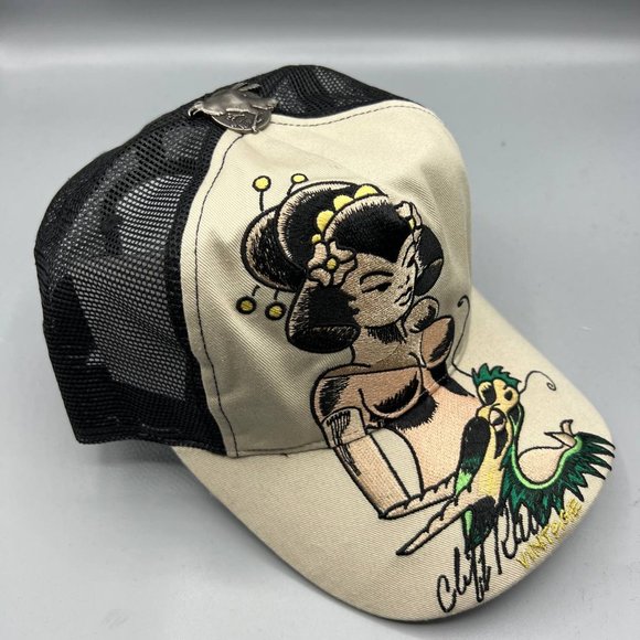 Vintage Cliff Raven Hat Brown Ed Hardy Japanese tattoo Snap back Trucker Cap 90s - Picture 3 of 7